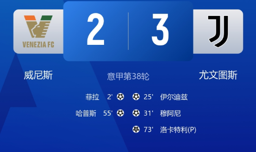 意甲-尤文3-2逆转威尼斯进军欧冠，伊尔迪兹破门