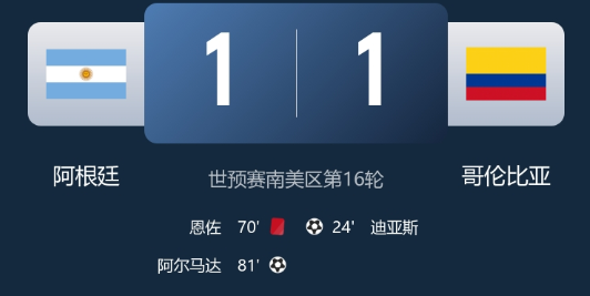 世预赛-阿根廷1-1哥伦比亚，迪亚斯破门，阿尔马达扳平