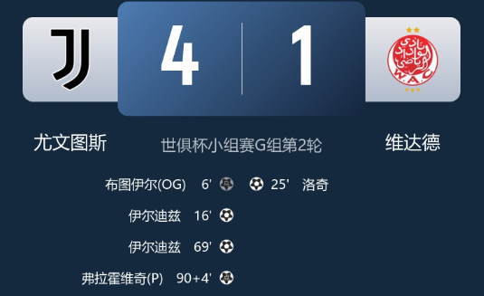 世俱杯-尤文4-1维达德，伊尔迪兹梅开二度+造乌龙，弗拉霍维奇点射